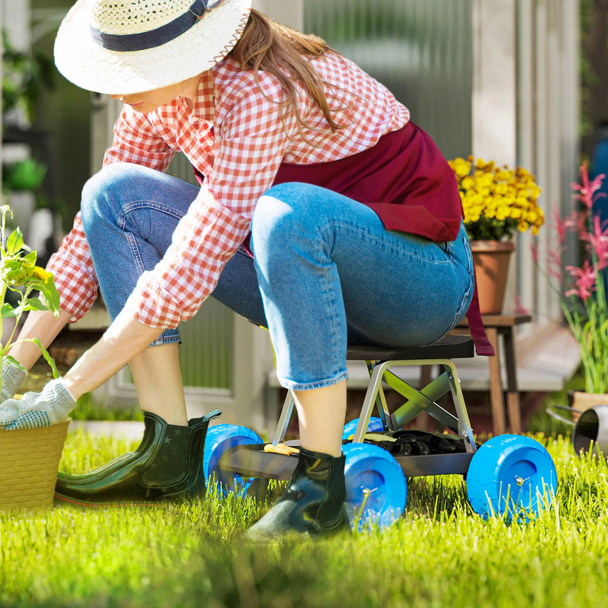 Garden Cart with Wheels, Garden Stool Trolley with Tool Tray, Rolling Garden Seat for Planting, Weeding