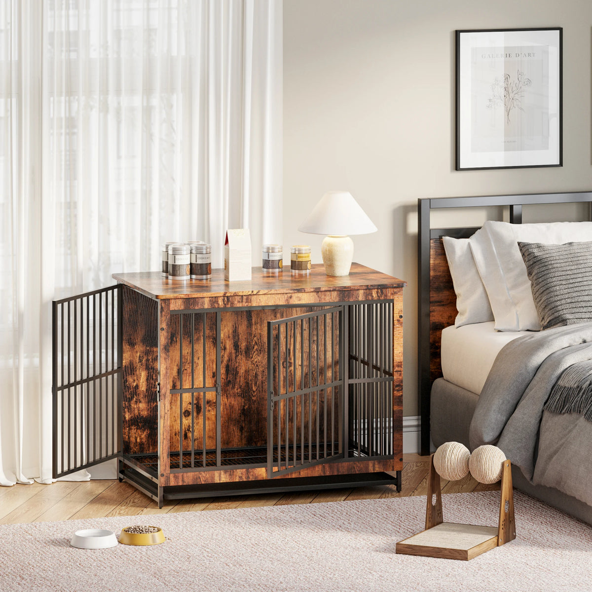 Wooden Dog Crate Furniture 97.5x59x77.5cm Lattice End Table with 2 Doors Removable Tray Large Dogs