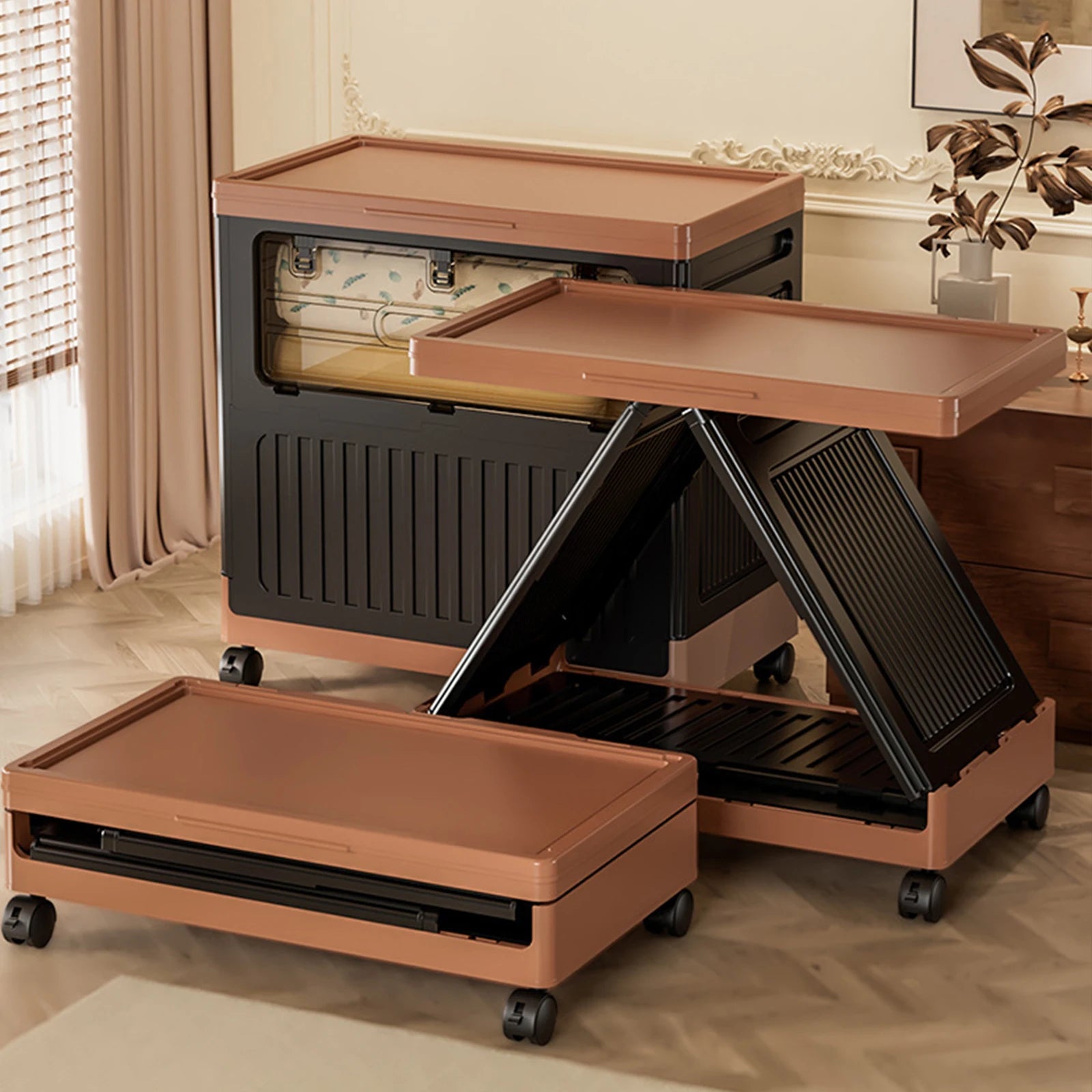 Folding Storage Bin with Lid and Wheels 58x35x61cm Stackable Clothes Organiser Box for Bedroom Closet