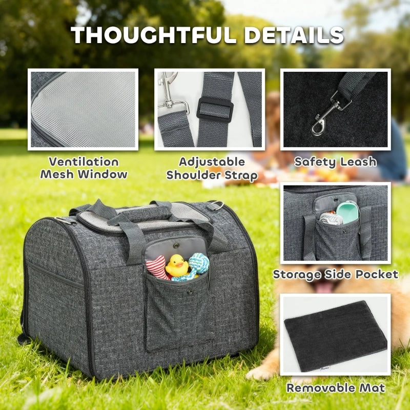 Soft Sided Cat Carrier Bag Foldable Pet Carrier with Shoulder Strap and Removable Mat Up to 10kg Dark Grey