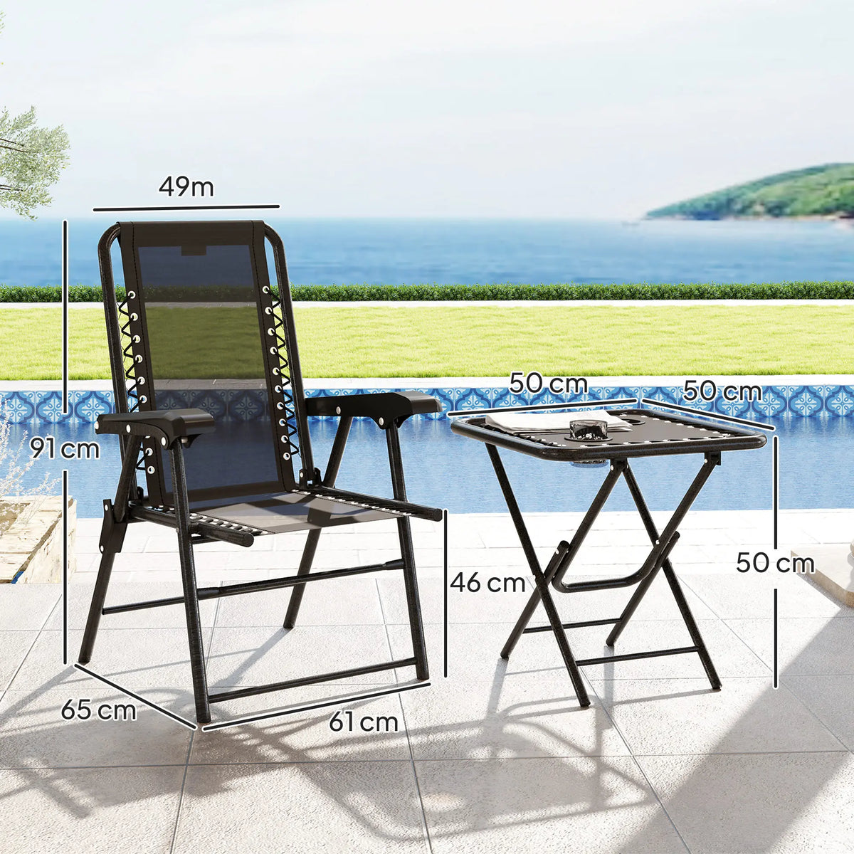 3 Piece Garden Bistro Set, Folding Table and Chairs with Cup Holders, Dark Grey