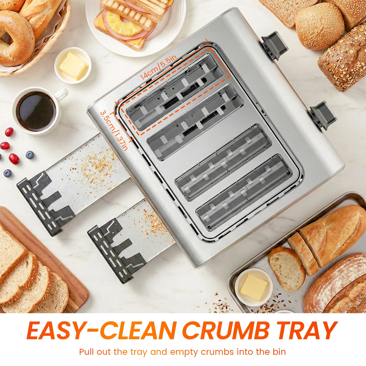 4 Slice Toaster 1600W Stainless Steel with 7 Browning Settings Defrost Reheat Function and Removable Crumb Tray
