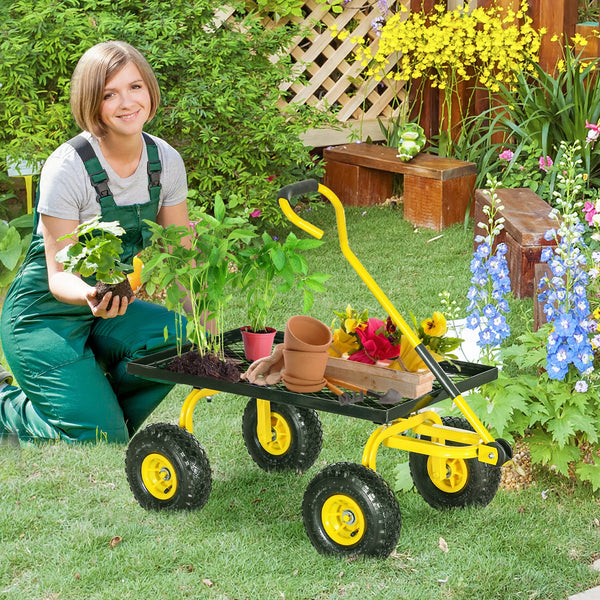 Garden Trolley Cart with Pneumatic Wheels and Swivel Front Wheels, 150kg, Yellow
