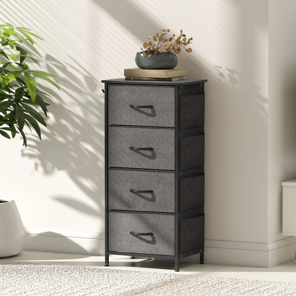 Fabric Chest of 4 Drawers with 4 Side Pockets 2 Hooks Steel X Bar Frame Adjustable Feet Charcoal Grey