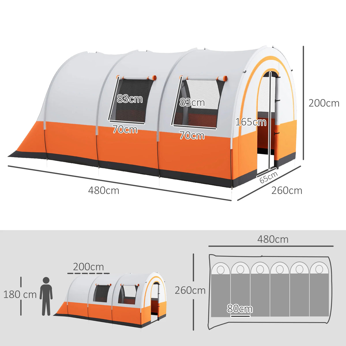 5-6 Man Camping Tent, 3000mm Waterproof Tunnel Family Tent Shelter with Living and Bedroom