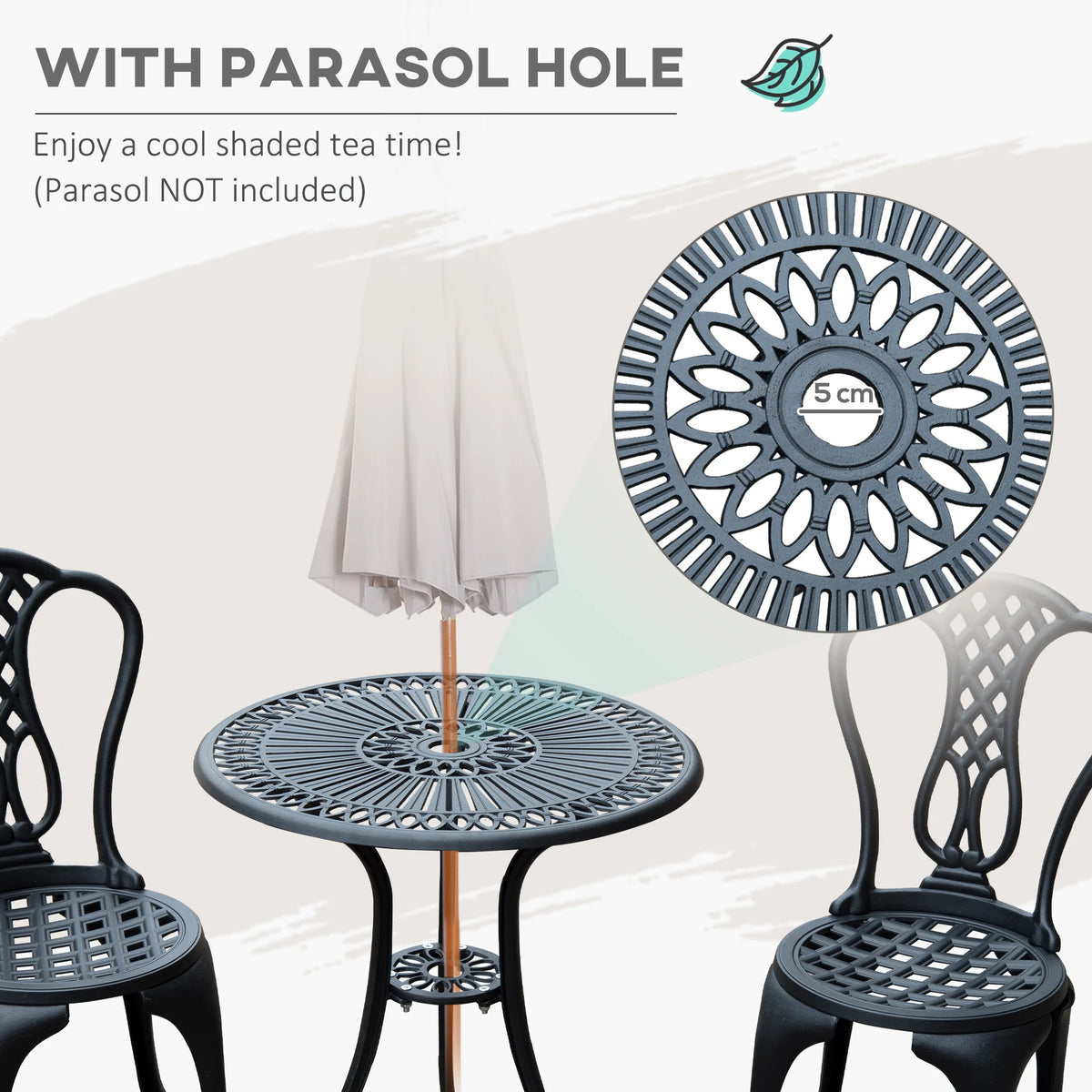 3 Piece Patio Cast Aluminium Bistro Set, Garden Outdoor Furniture Table and Chairs, Shabby Chic Style