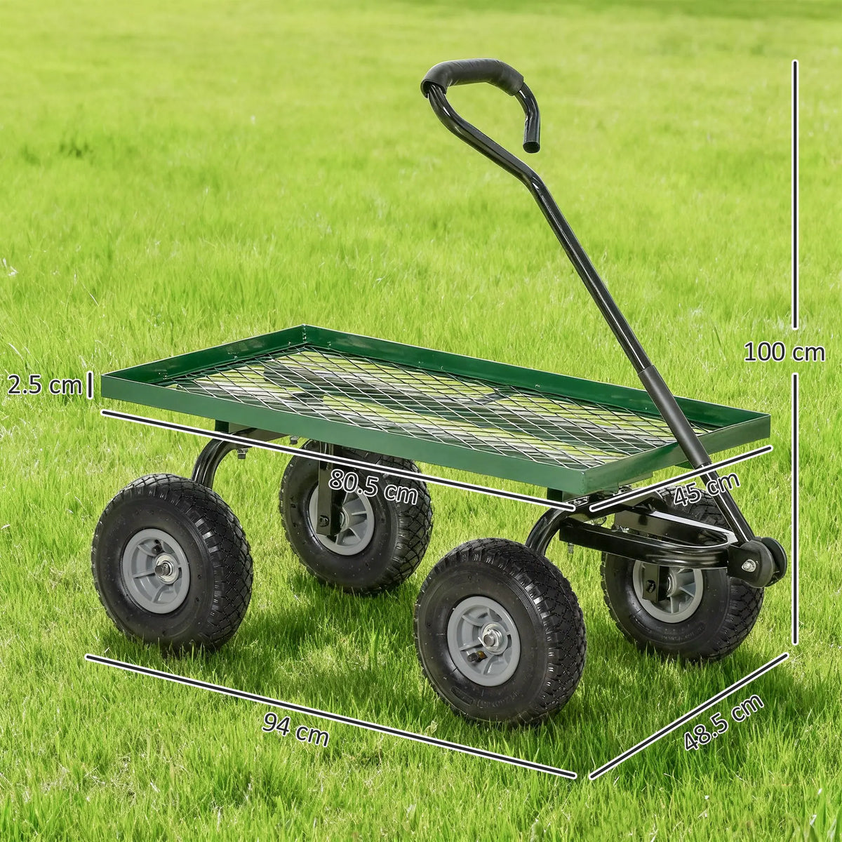 Garden Trolley Cart with Pneumatic Wheels and Padded Handle, 150kg, Green