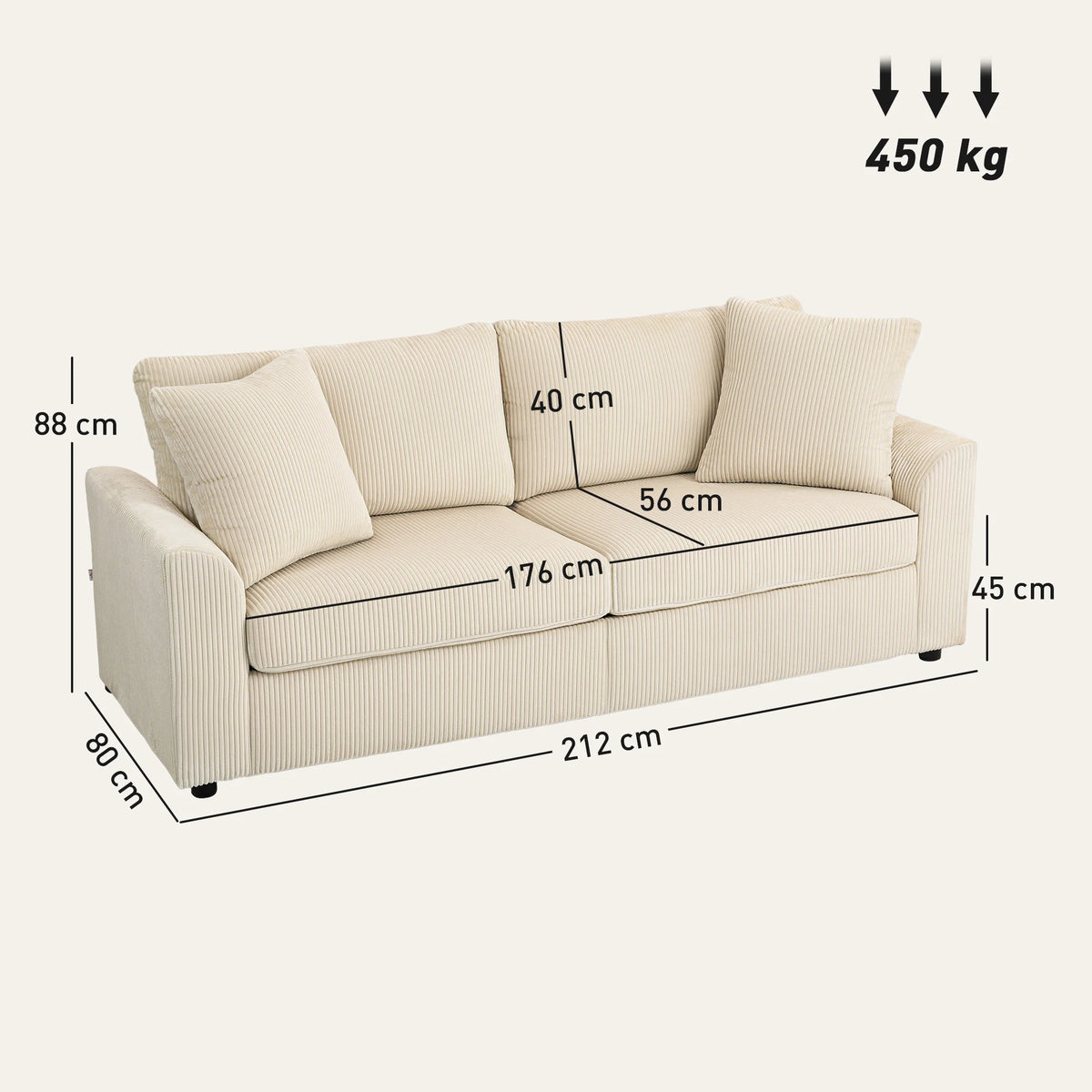 Compact 3 Seater Corduroy Sofa with Pocket Spring Cushions, Cream White