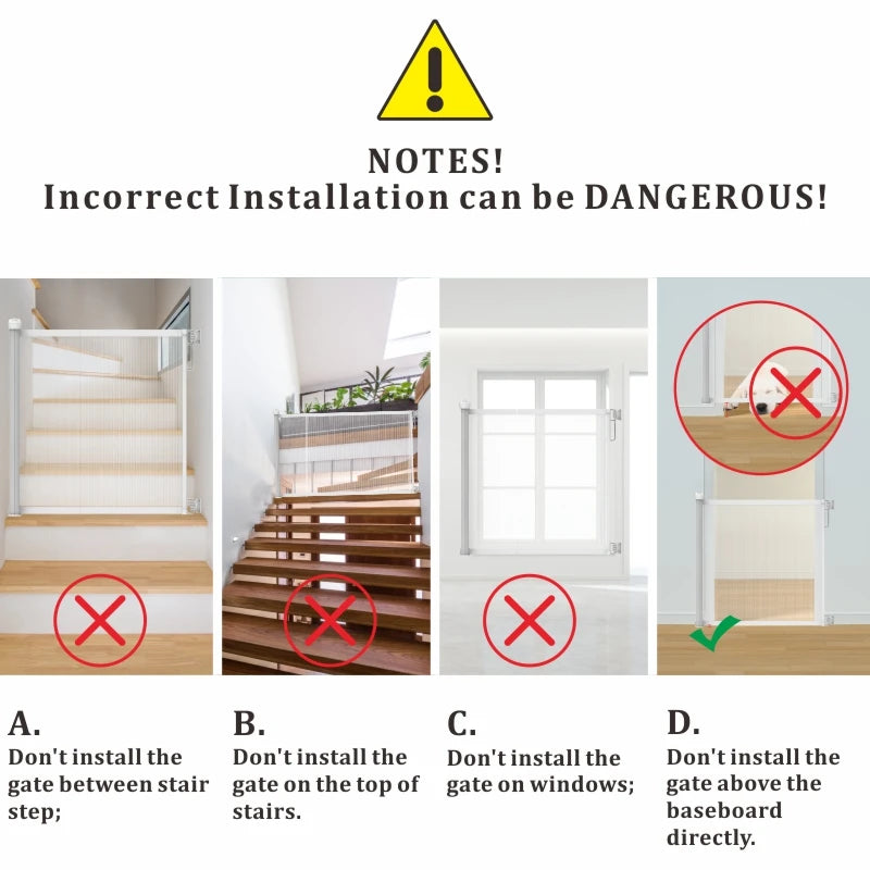 130cm Retractable Dog Gate Adjustable Double Locking System One Hand Operation for Stairs Doorways Kitchen White