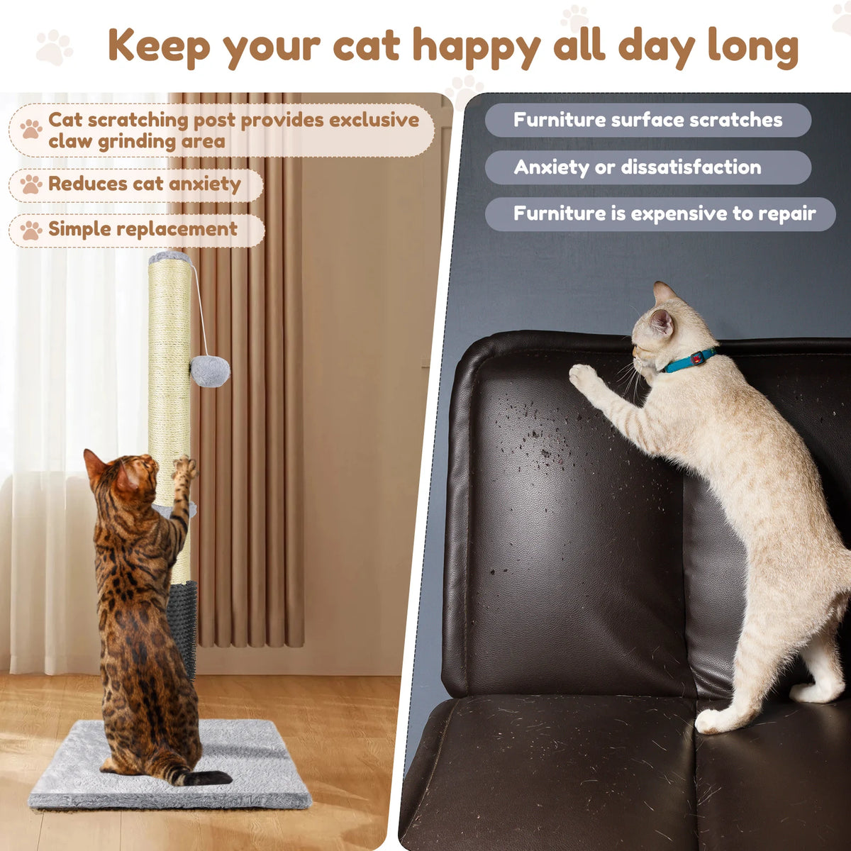 Basic Cat Tree Scratching Post 40cm or 80cm with Plush Ball Sisal Activity Centre for Cats