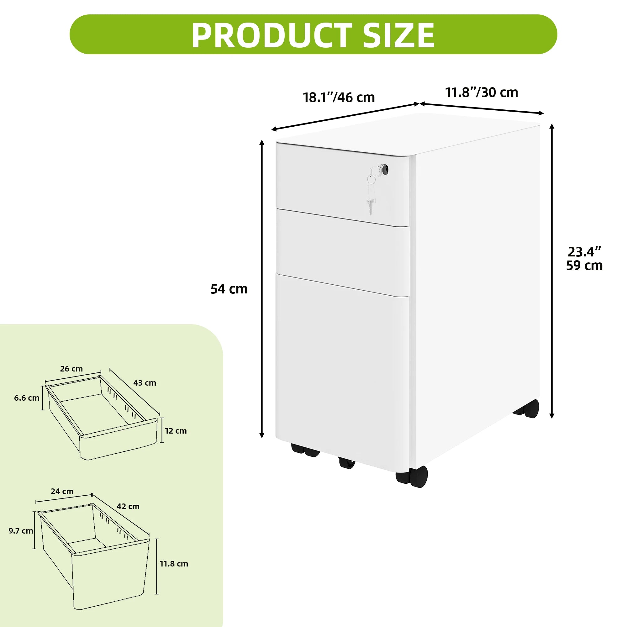 3 Drawer Lockable Mobile Filing Cabinet Metal Office Storage with Wheels