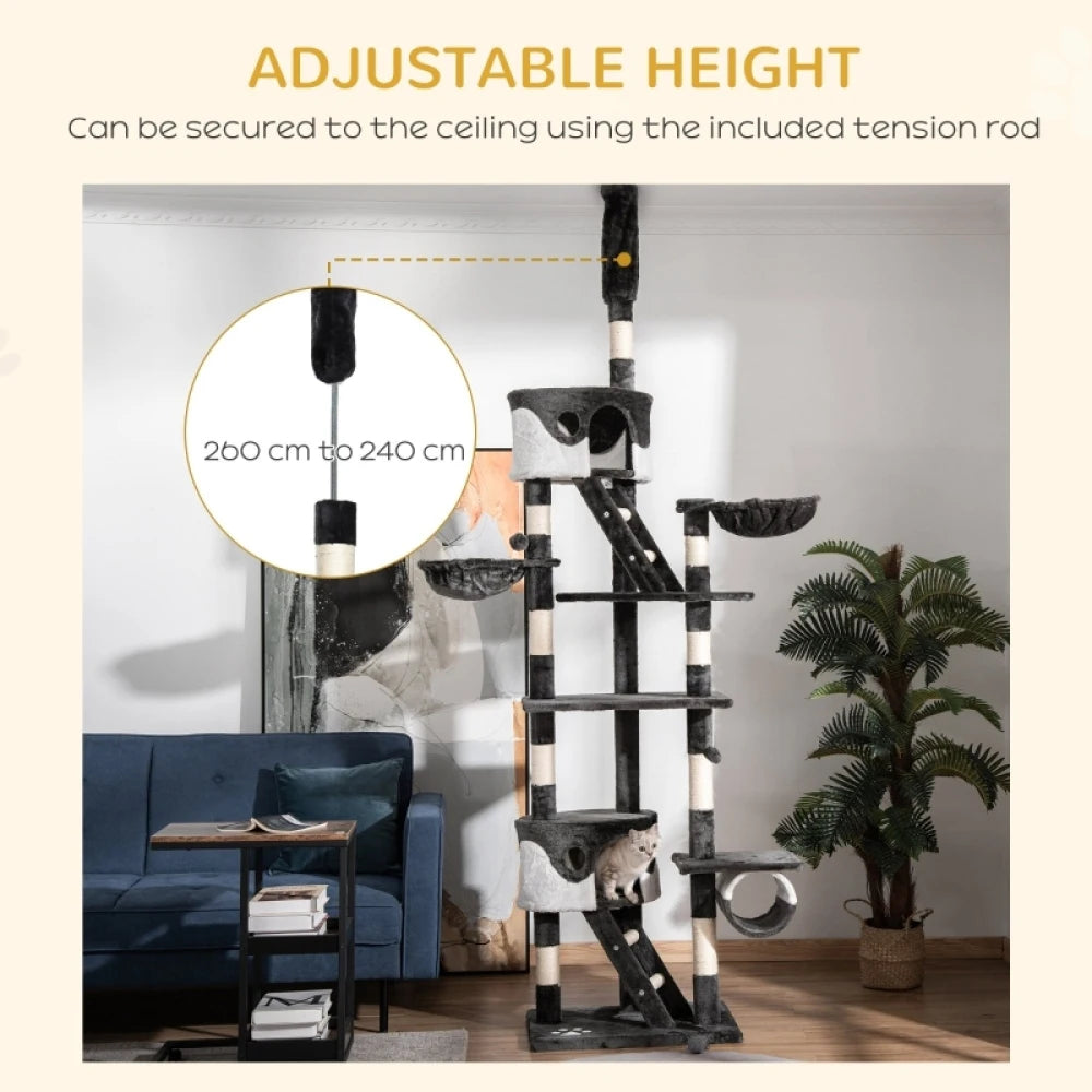 Floor to Ceiling Cat Tree 240-260cm Adjustable Sisal Wrapped Multi-Level White for Indoor Cats