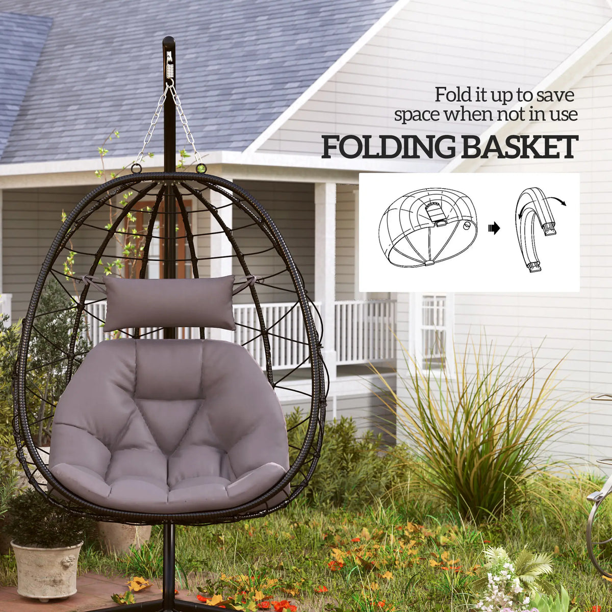 Folding Garden Egg Chair with Stand and Thick Cushion, Grey
