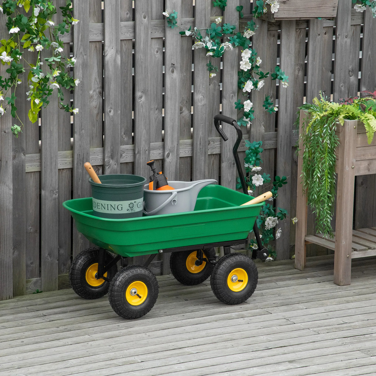 Heavy Duty Garden Dump Cart 200kg 4 Wheel Trolley with Quick Release Tipping Poly Tub Steel Frame Green