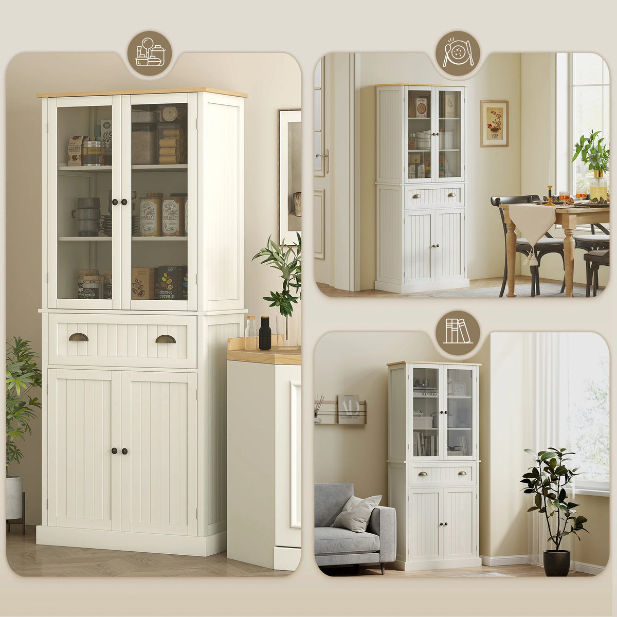 5 Tier Kitchen Cupboard with Glass Doors and Adjustable Shelves, 76 x 40 x 182.5 cm, Cream