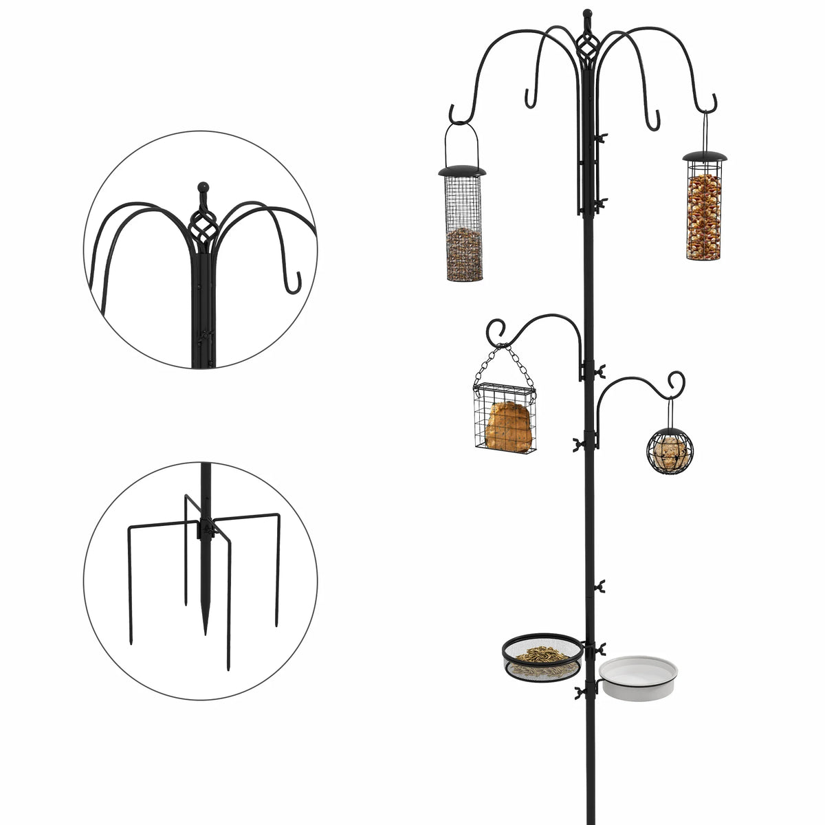 Bird Feeding Station Kit, Wild Bird Feeder Pole w/ 6 Hooks, 4 Prong Bases