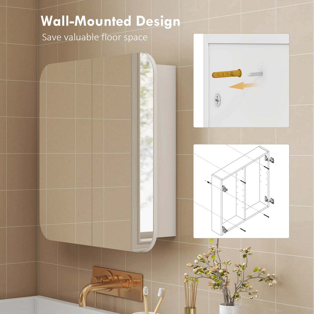 Arched Wall-Mounted Bathroom Mirror Cabinet with Adjustable Shelves, White