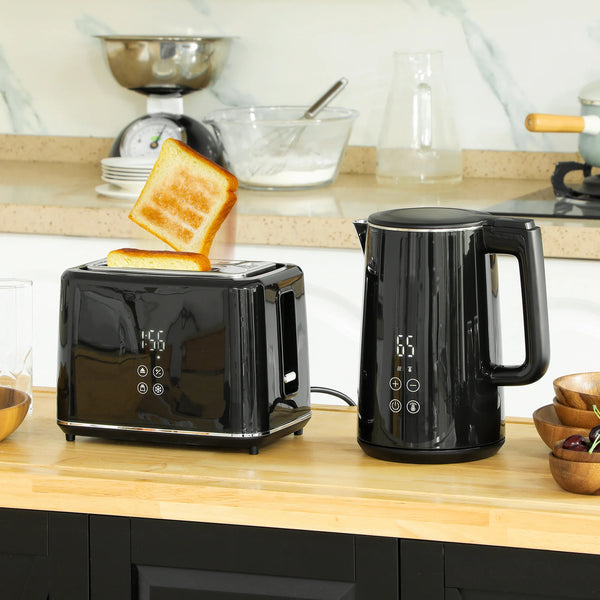 1.5L 3000W Fast Boil Kettle and 2 Slice Toaster Set with Insulation, Black