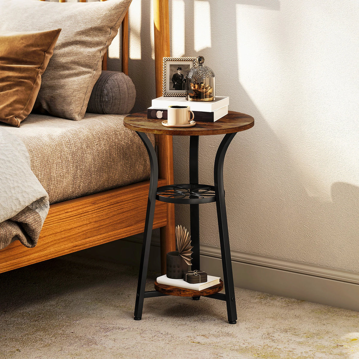 3-Tier Small End Table, Industrial 38cm Round Side Table, Rustic Brown