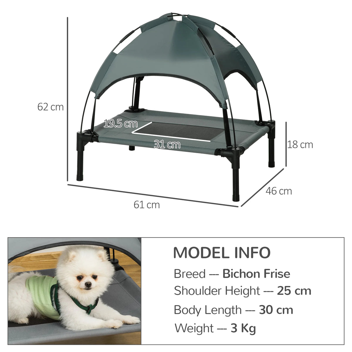 Elevated Pet Bed with Canopy and Travel Bag for Small Dogs, 61cm