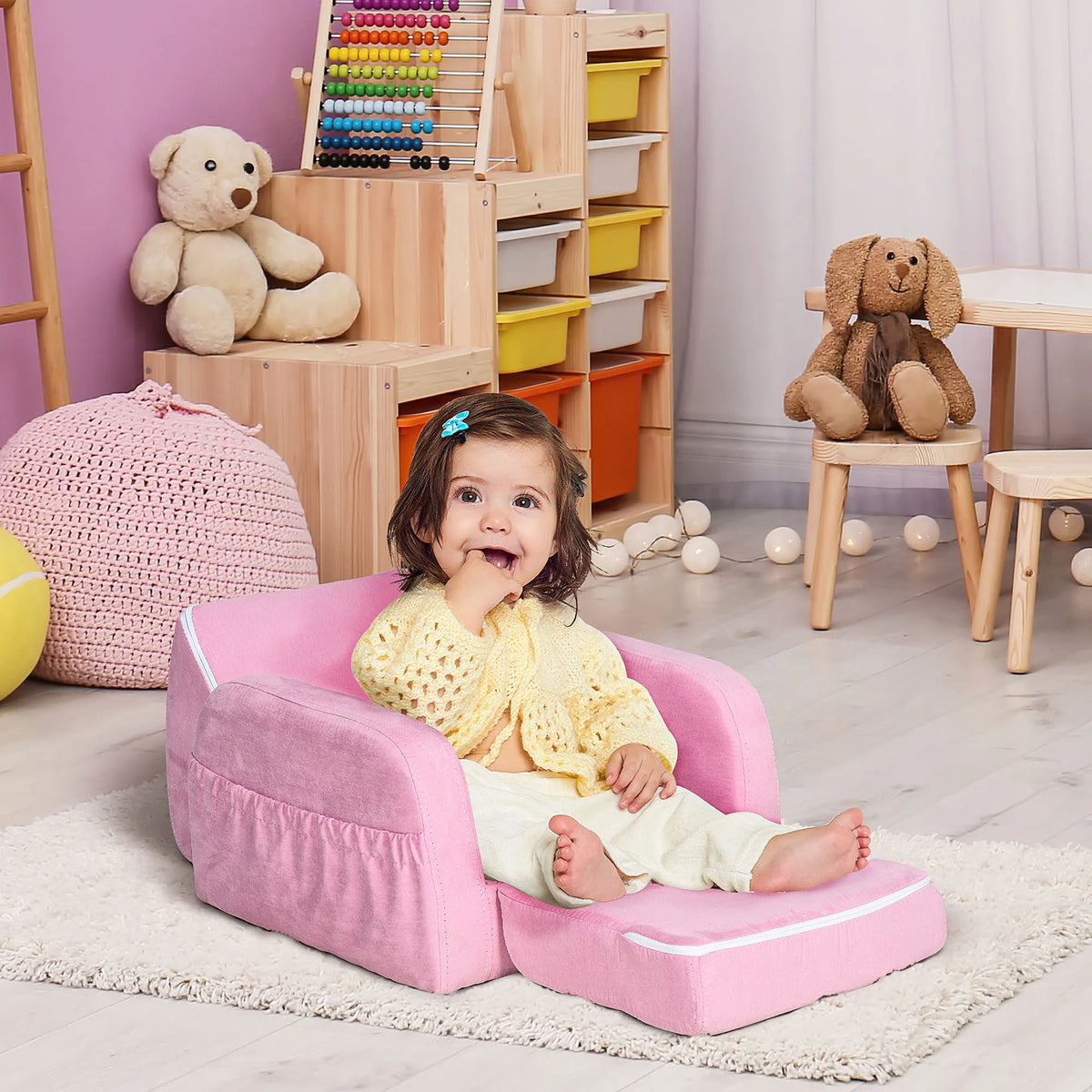 2 in 1 Kids Sofa Bed Folding Toddler Armchair Converts to Bed Soft Flannel with Wood Frame and Sponge