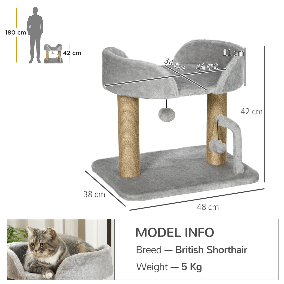 Small Cat Tree with Plush Bed, Jute Scratching Posts and Toy Balls