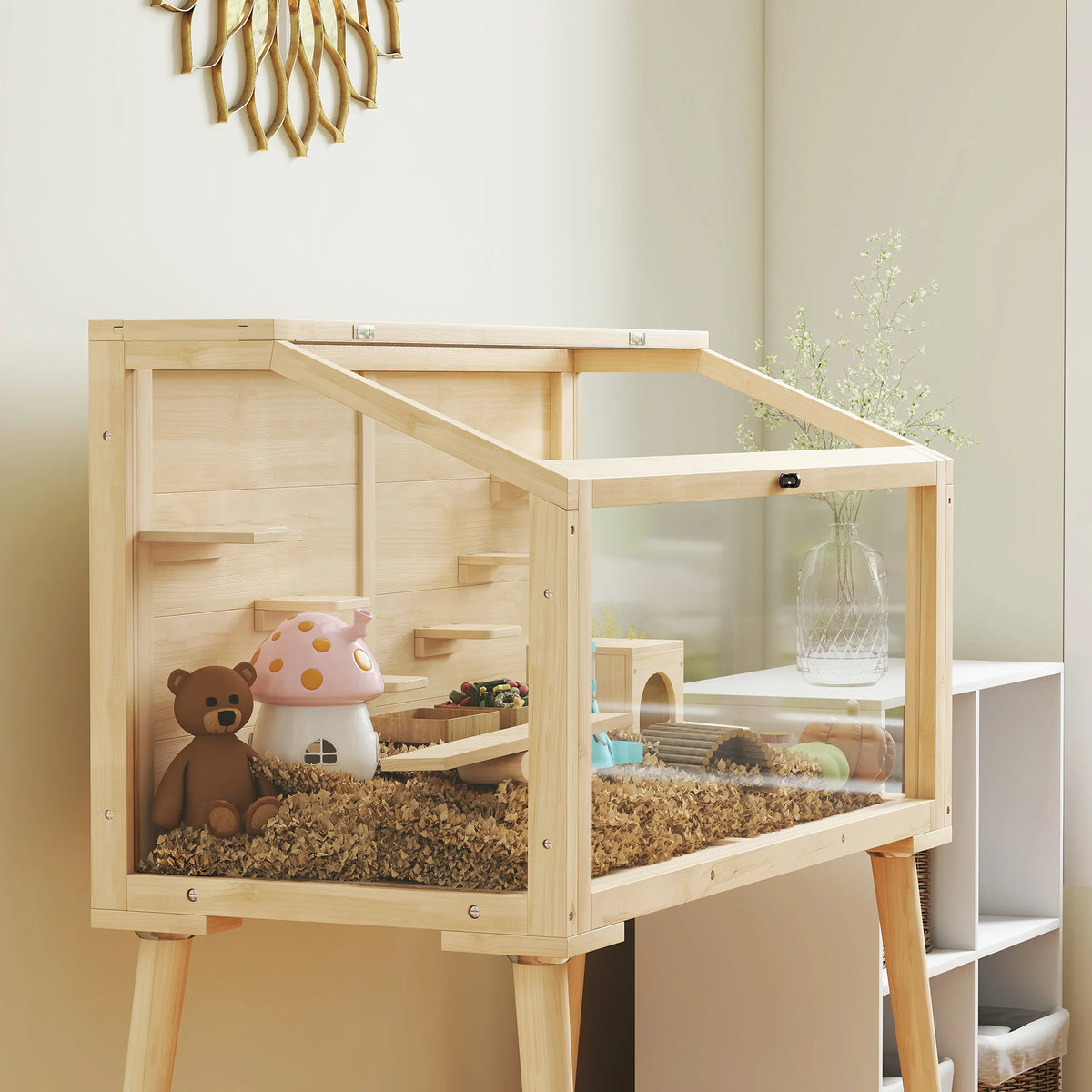 Wooden Hamster Cage 110x52x101cm Gerbil Cage with Openable Top Seesaws Clear Panels and Storage Base