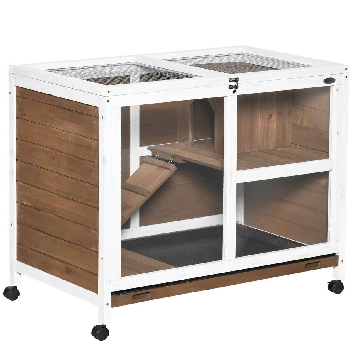 Indoor Wooden Rabbit Hutch 2 Floor Bunny Cage with Ramp Openable Top Latched Door and Wheels