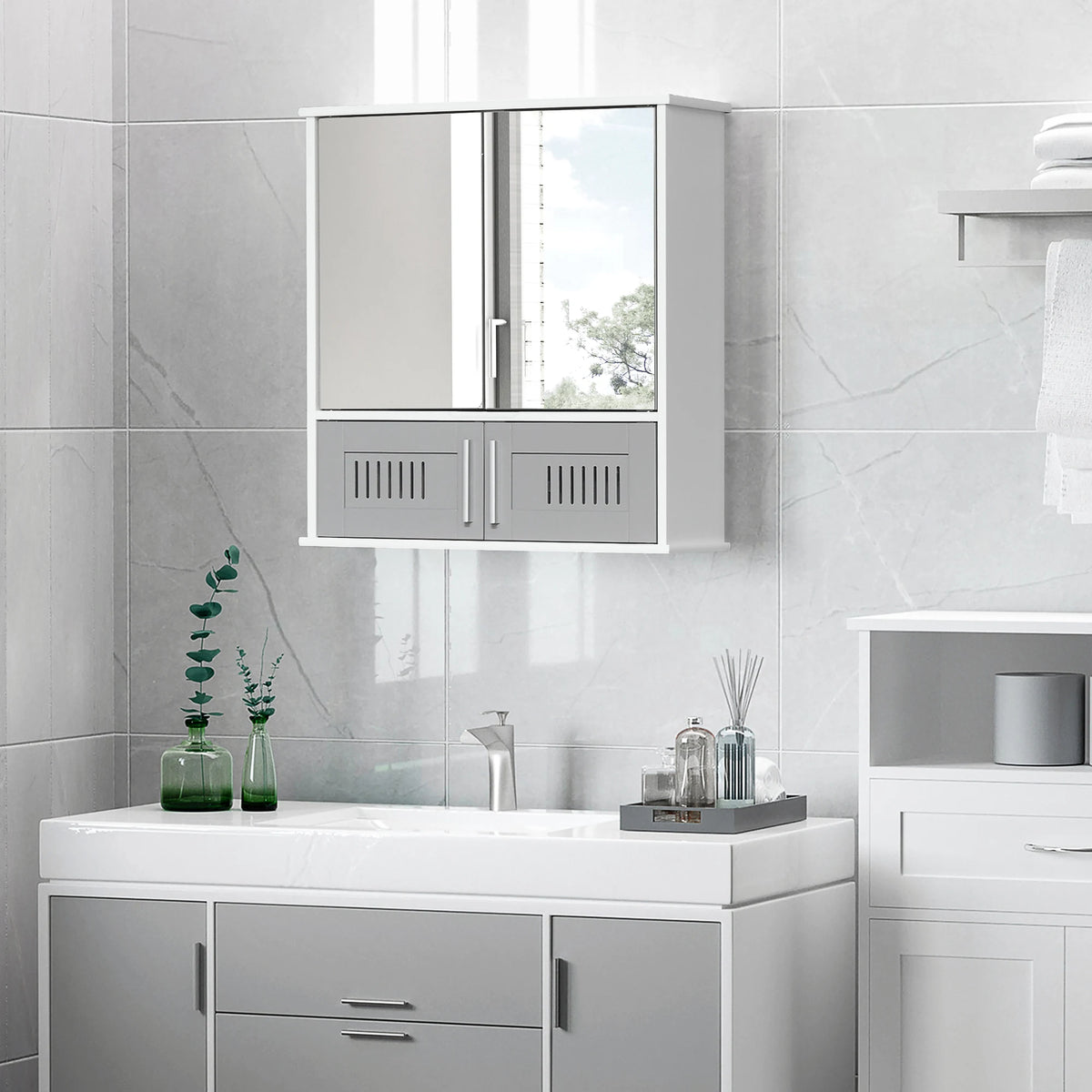 Bathroom Mirror Cabinet with Double Mirrored Doors and Vented Lower Shelf