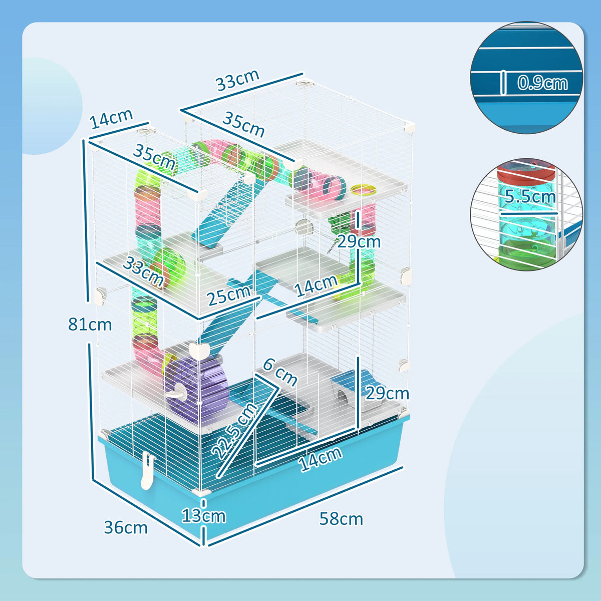 6 Tier Twin Tower Hamster Cage 58x36x81cm with Tube System 13cm Deep Base and 0.9cm Bar Spacing Light Blue