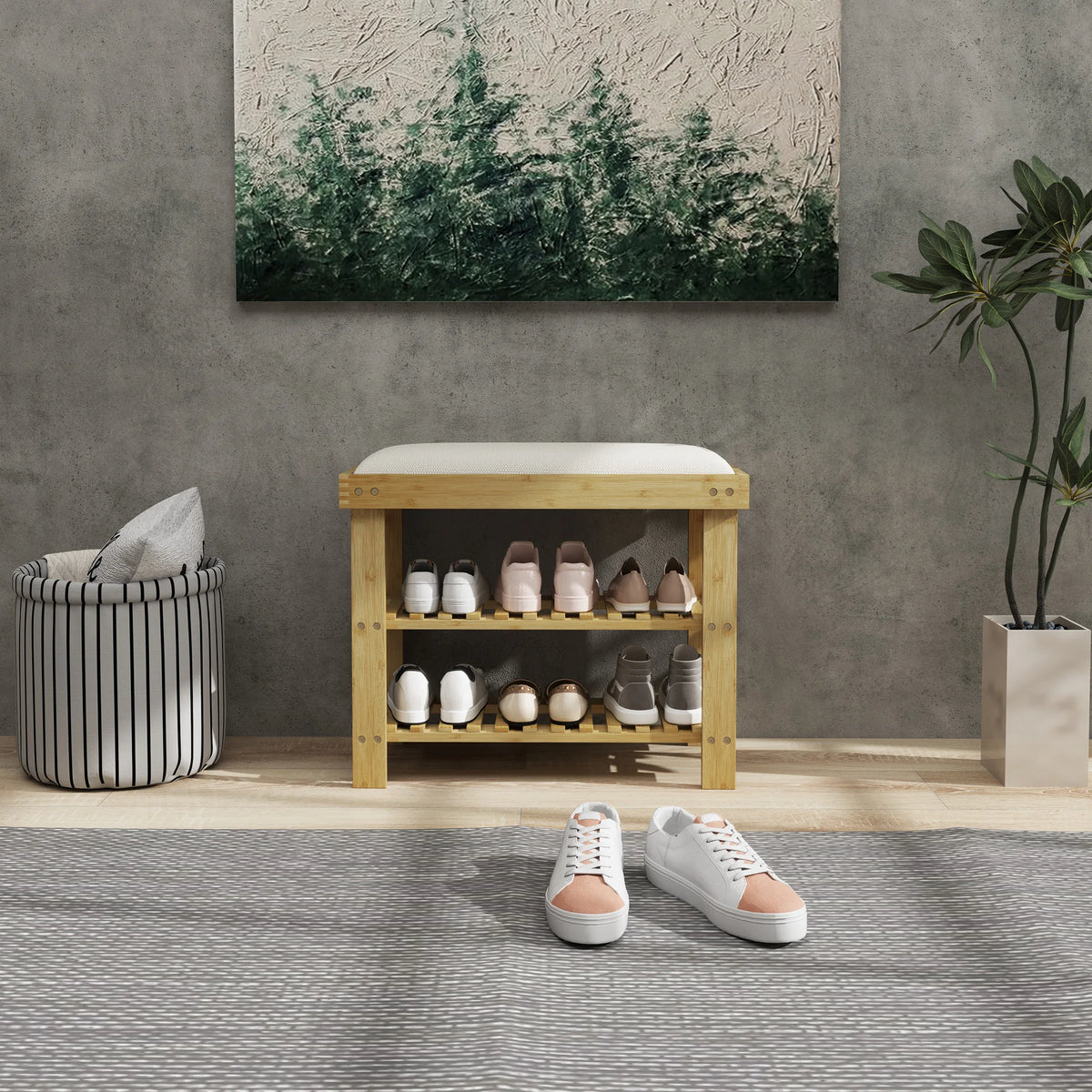 Bamboo Shoe Storage Bench 3 Tier with 4cm Linen Feel Cushion Holds 6 Pairs Entryway Seat Cream