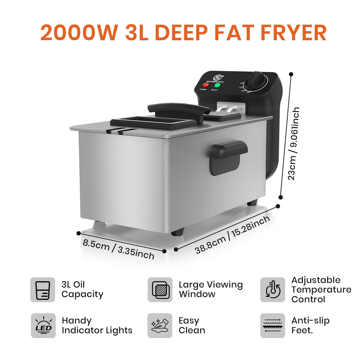 2000W Electric Deep Fryer 3L Stainless Steel with Adjustable Temperature 130-190°C Non-Stick Tank and Indicator Lights