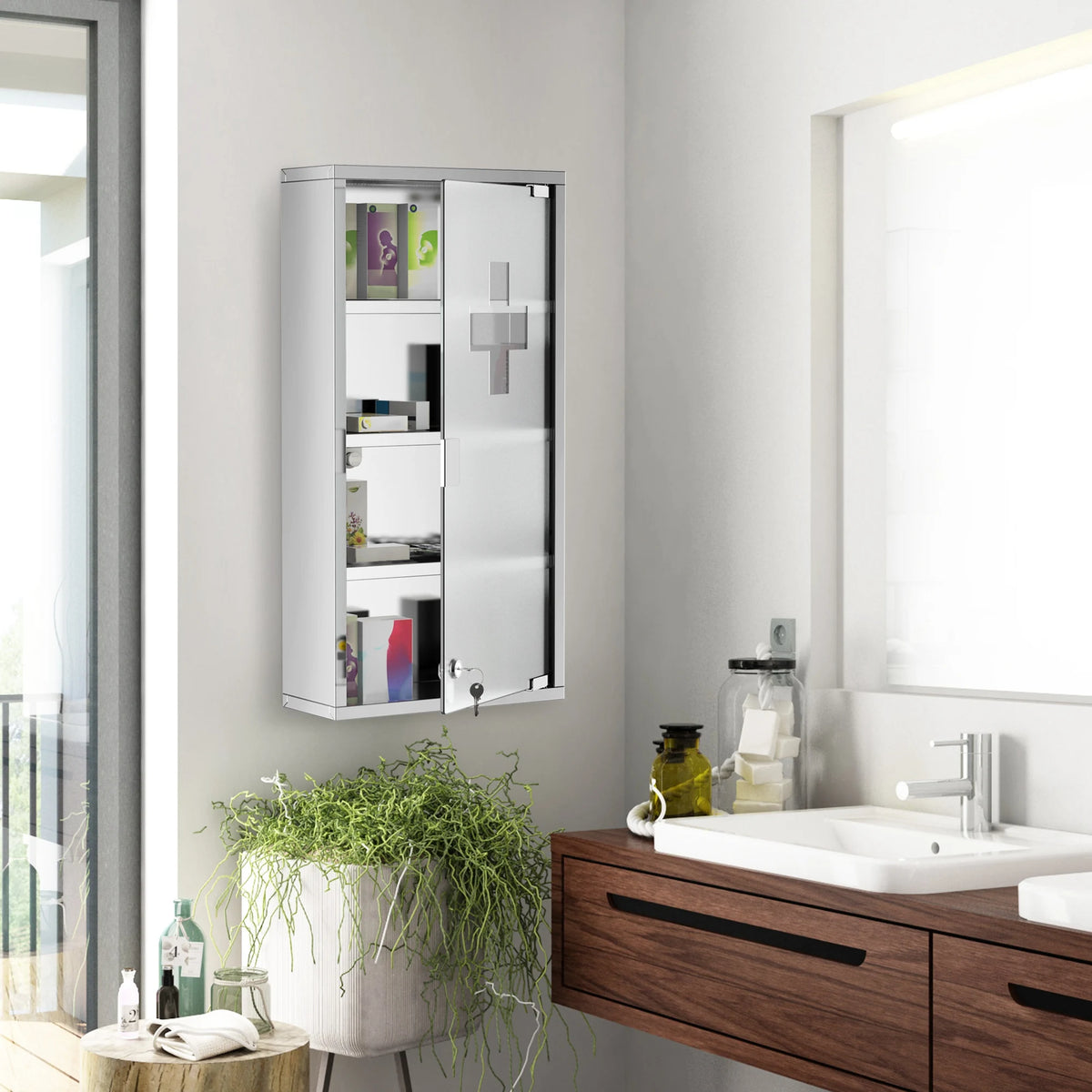 Lockable Medicine Cabinet with 4 Tier Shelves Stainless Steel Glass Door 2 Keys First Aid Cross
