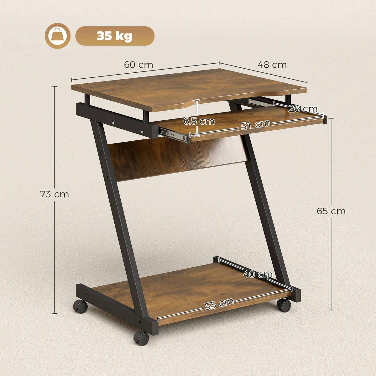 Mobile Computer Desk with Keyboard Tray and Lockable Wheels, Rustic Brown