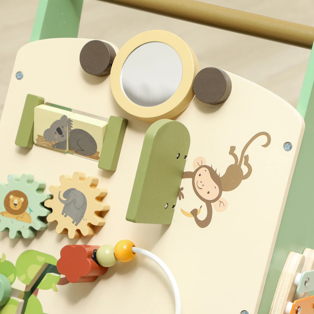 Wooden Baby Walker with Speed Control, Xylophone, Gears and Bead Maze, Green