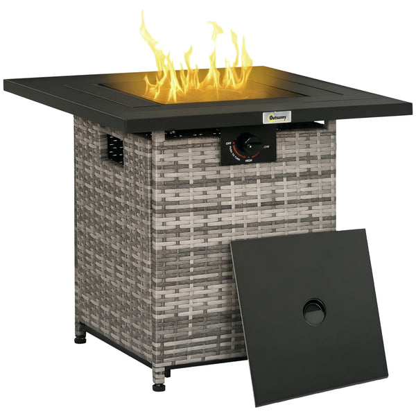 Rattan Gas Fire Pit Table w/ Mesh Lid & Rain Cover, Lava Stone, 40,000 BTU