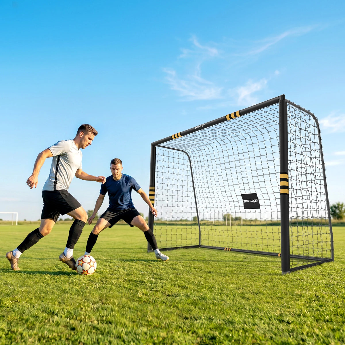 10 x 6.5ft Football Goal with Net, Ground Stakes and EPE Padding, Black and Yellow