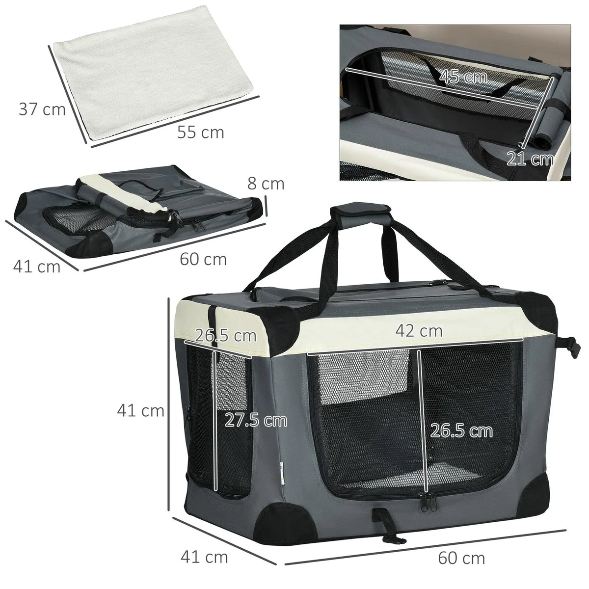 60cm Foldable Pet Carrier with Cushion Soft Sided Travel Crate for Cats and Small Dogs Grey