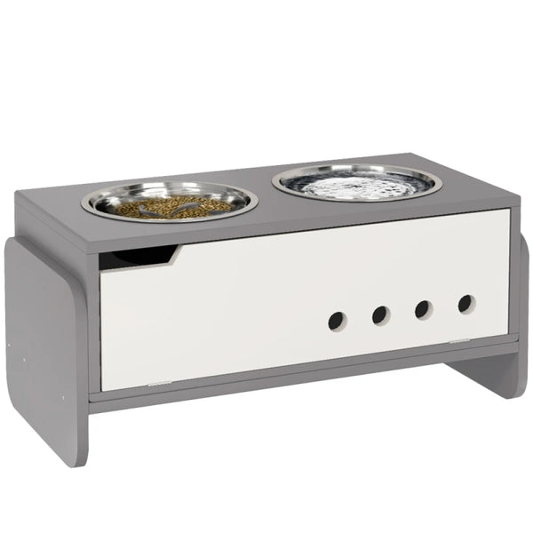 Height Adjustable Raised Dog Bowls 62.5x30x36.5cm Wooden Feeding Station Storage Slow Feeder Mat Grey