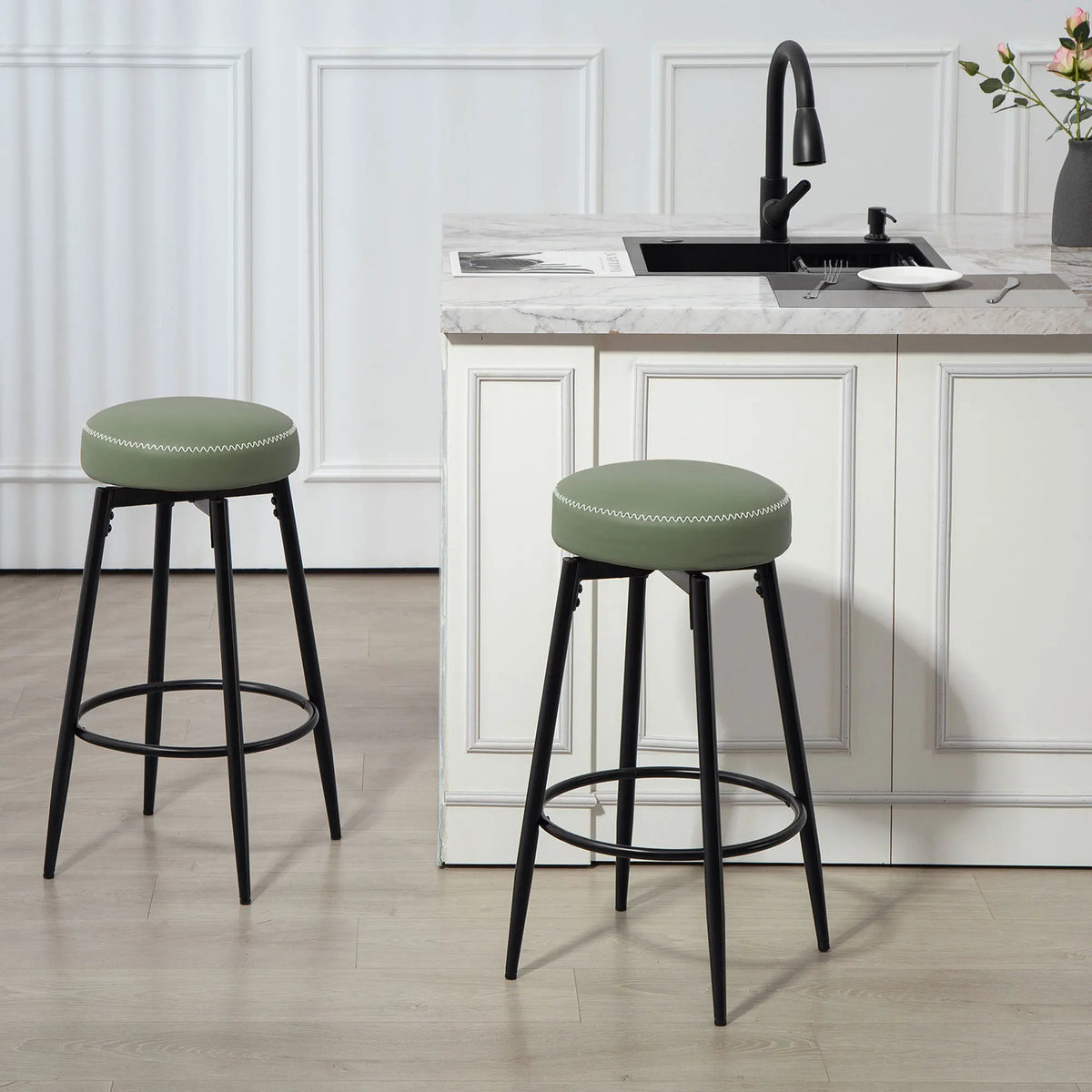 Swivel Bar Stools Set of 2, PU Leather Barstools with Footrest