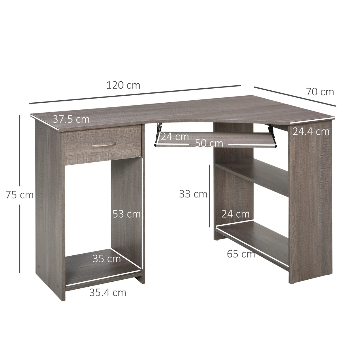 L-Shaped Corner Computer Desk with Keyboard Tray, Shelves and Drawer, Grey