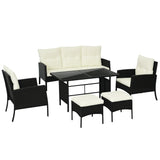 6-Piece Rattan Garden Sofa Set with 3-Seater Sofa, Armchairs, Footstools and Glass Coffee Table