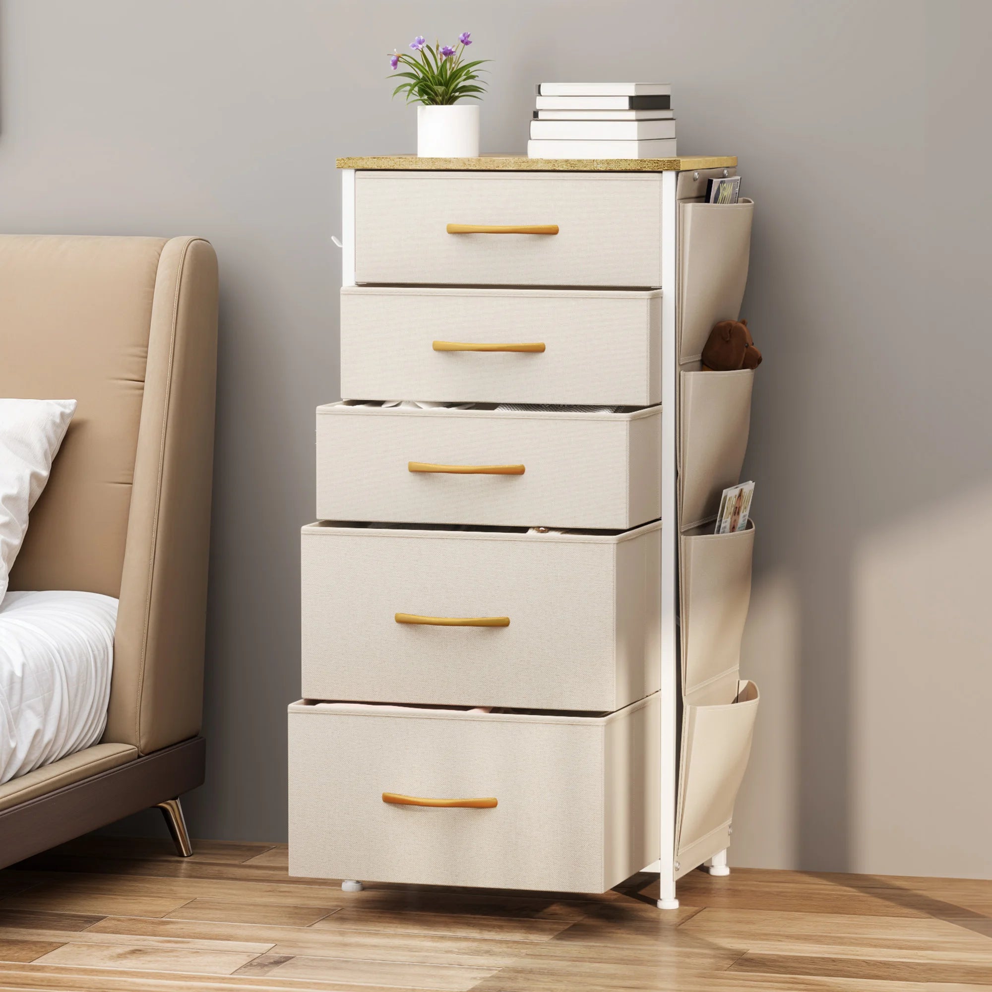 5 Drawer Fabric Dresser with Side Pockets and Hooks Metal Frame Storage Organizer