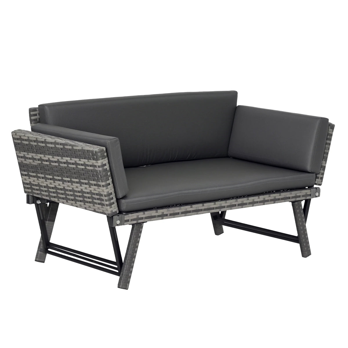2 Seater Rattan Sofa with Cushions, 2-in-1 PE Rattan Daybed with Adjustable Armrests