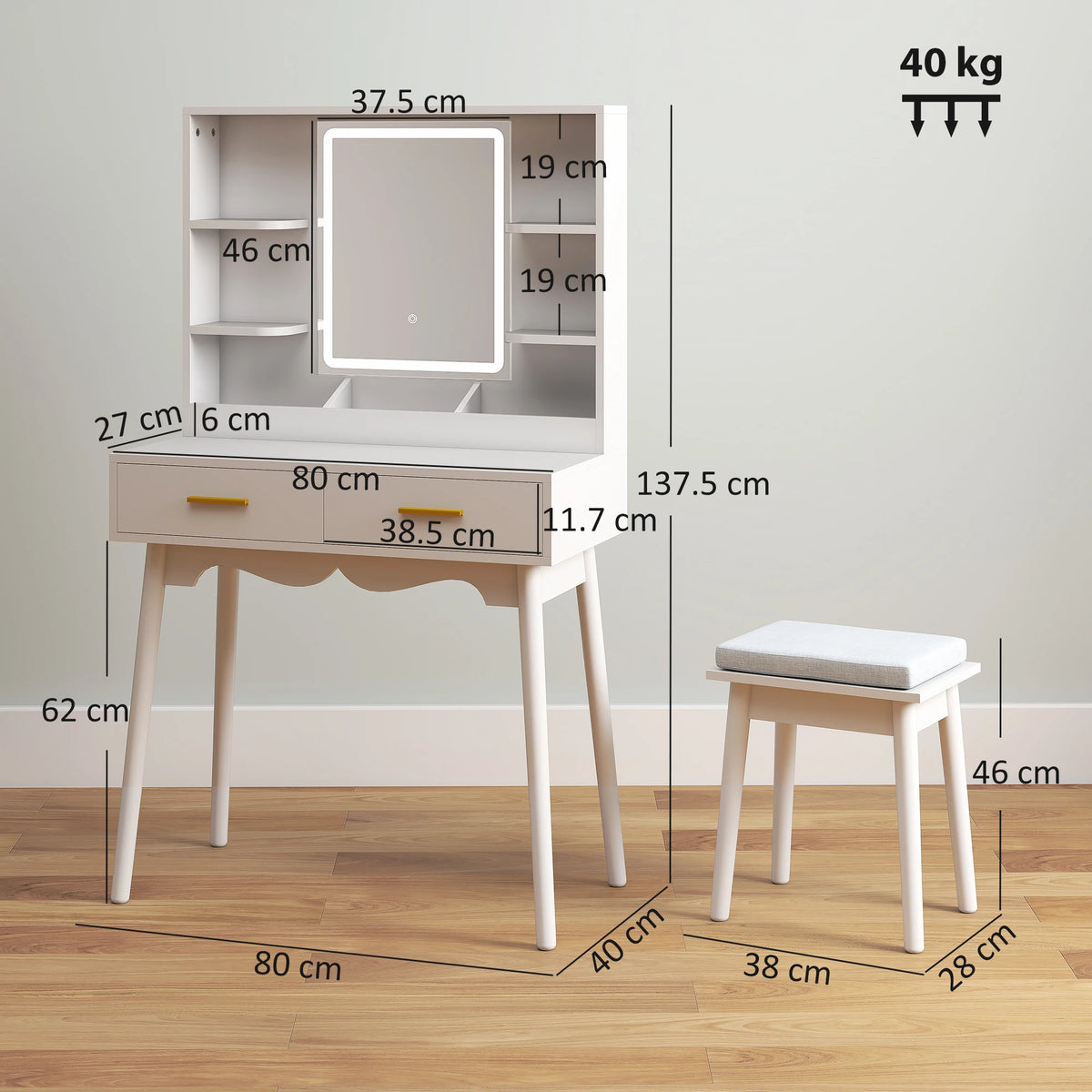 Dressing Table with LED Lighted Mirror and Cushioned Stool White