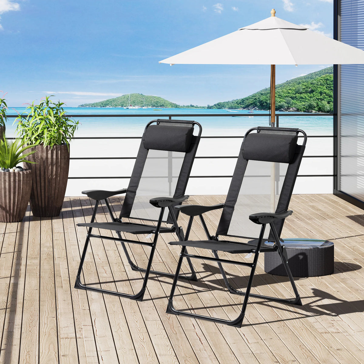 Set of 2 Portable Folding Recliner Metal Outdoor Patio Chaise Lounge Chairs with Adjustable Backrest, Black