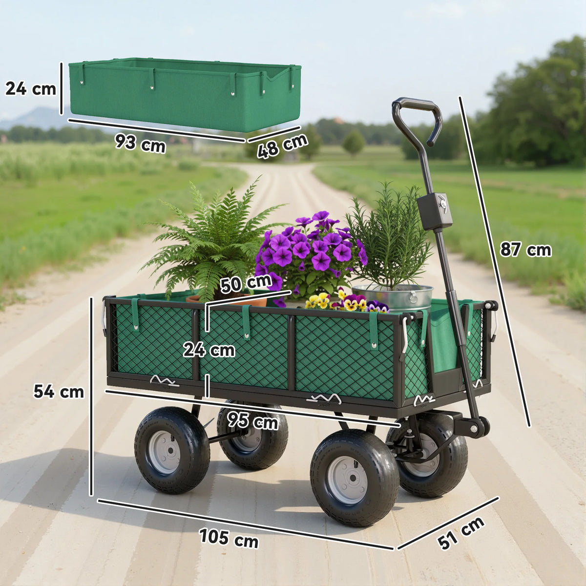 Heavy Duty Garden Trolley with Removable Liner and Removable Sides, 300kg, Green