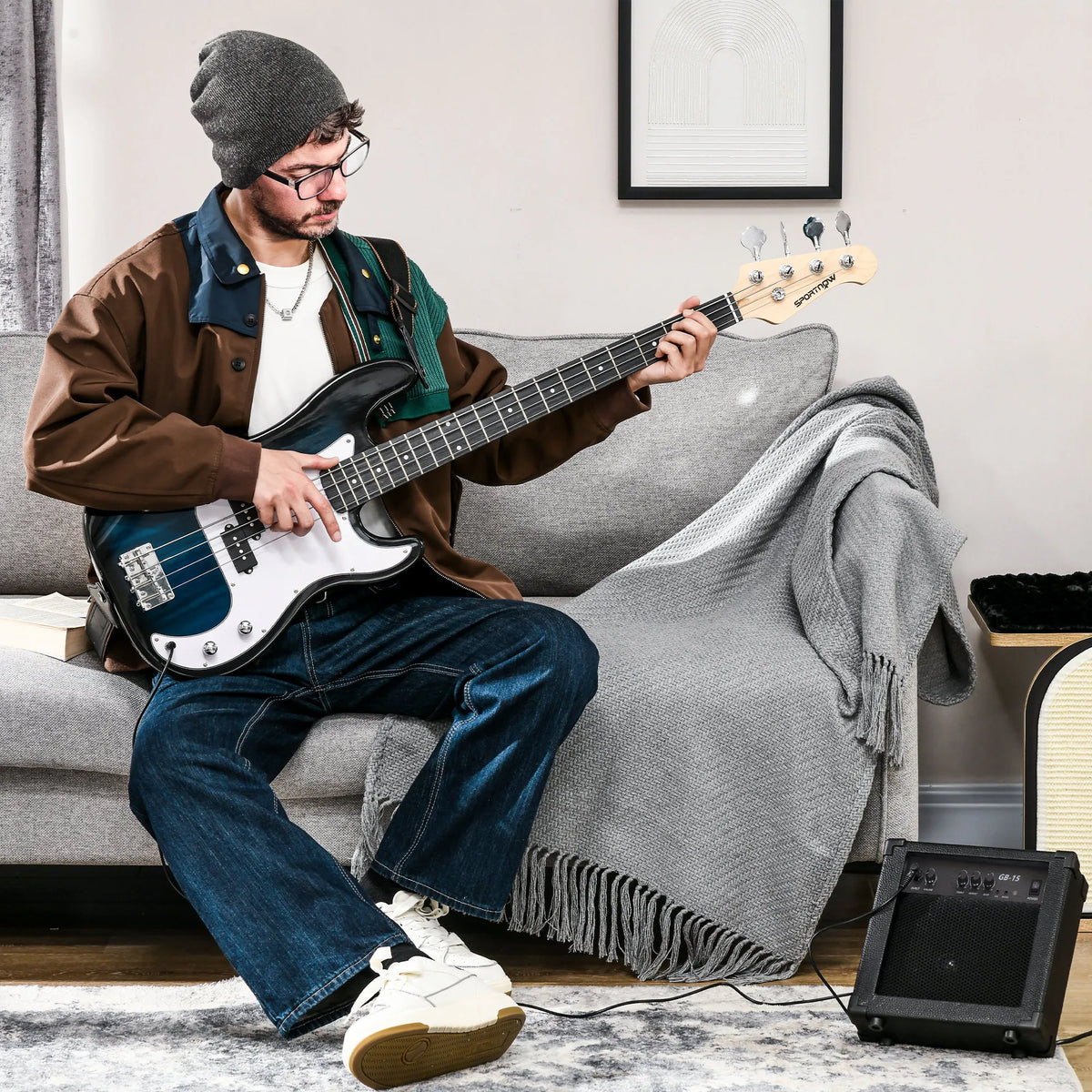 Full Size Electric Bass Guitar Beginner Kit with 15W Amp, Bag and Strap, Blue