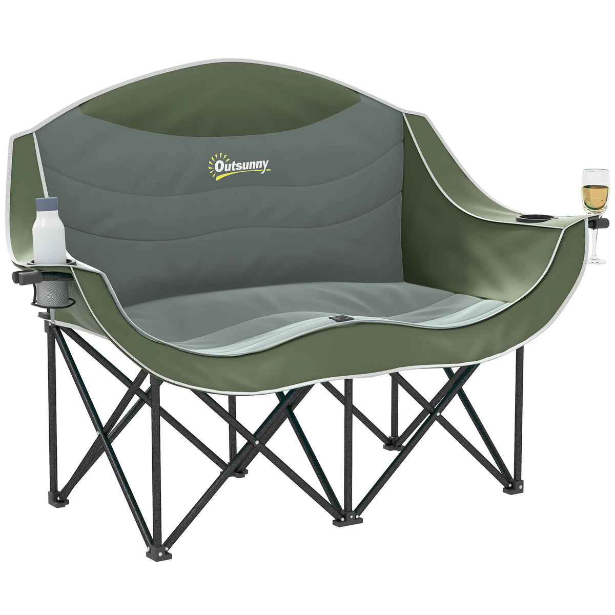 Folding Double Camping Chair with Armrests and Cup Holders, Green