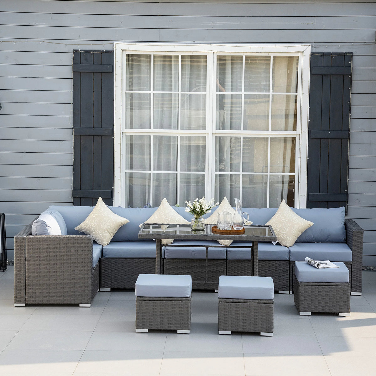10 Piece Rattan Garden Furniture Set with Table, Stools and Cushions, Dark Grey